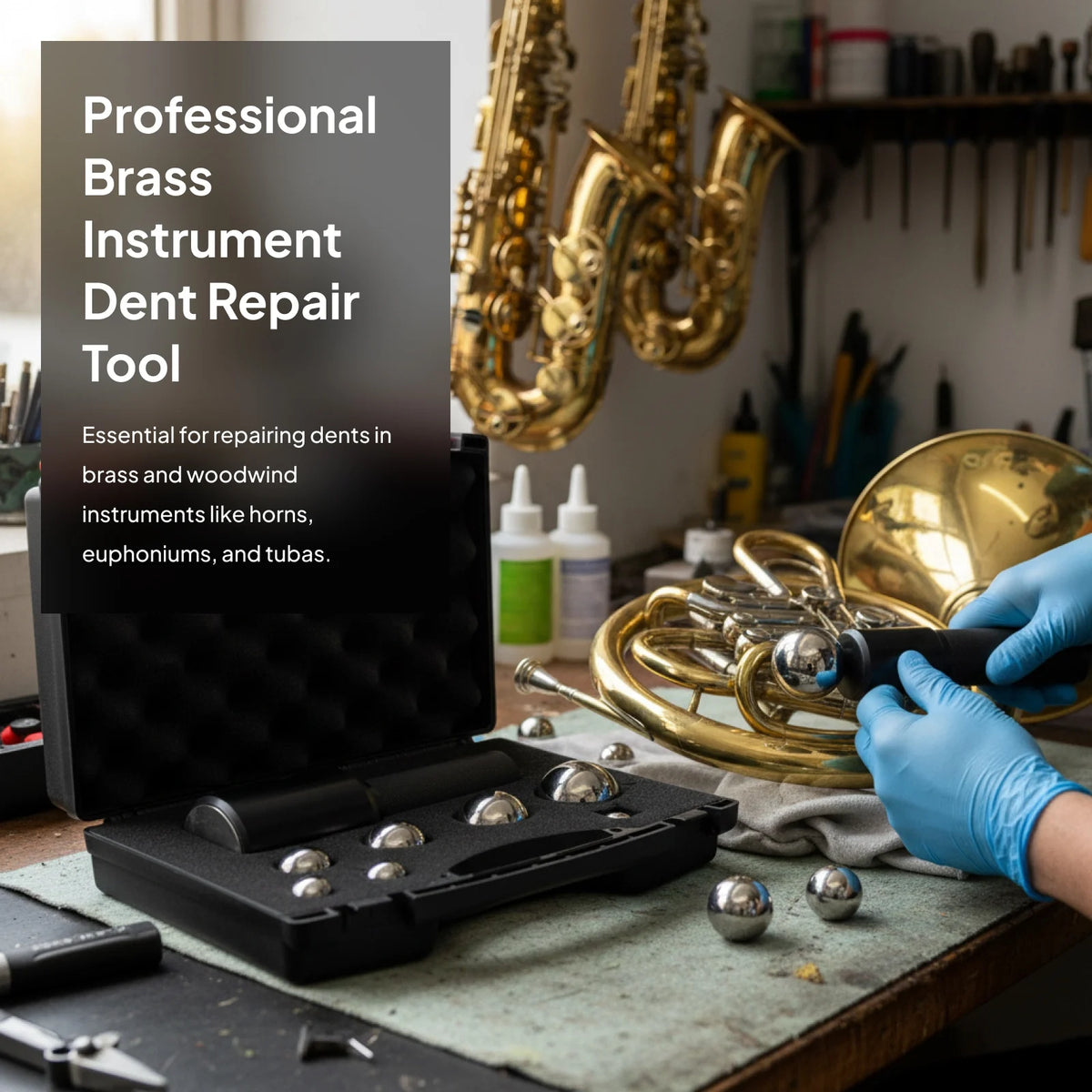 Brass Instrument Dent Repair Kit – 7-Ball Set with Storage Box Instrument Repair Kit PLUSH