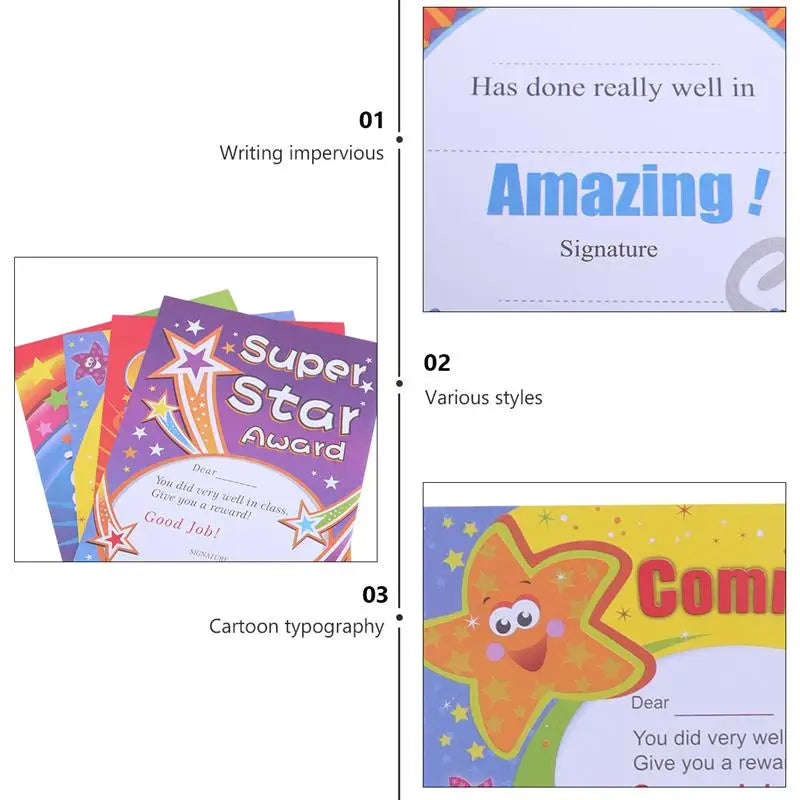 100pcs A5 Cartoon Commendation Certificates for Kids – 4 Styles Award Certificates PLUSH