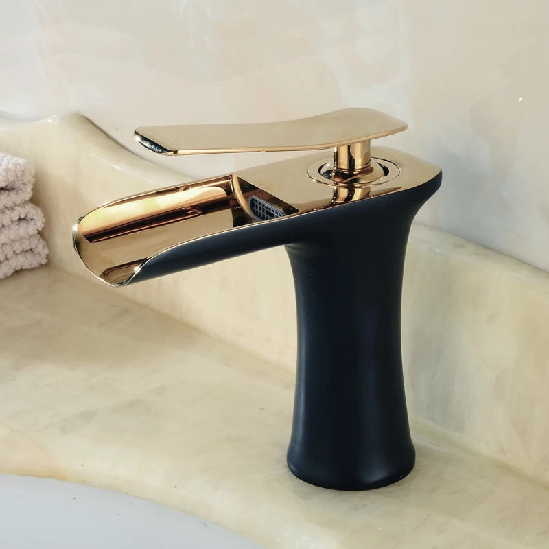 Waterfall Basin Faucet Single Handle Deck Mount ELM100 Basin Sink Faucet PLUSH Black Gold
