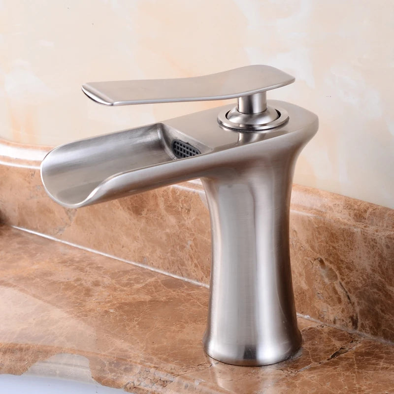 Waterfall Basin Faucet Single Handle Deck Mount ELM100 Basin Sink Faucet PLUSH Brush Nickel