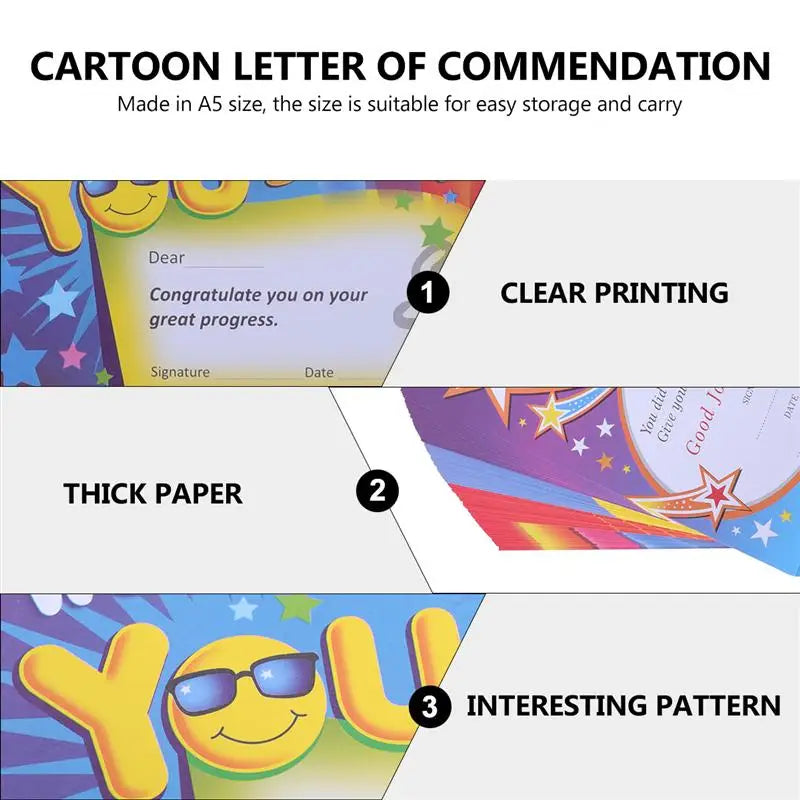 100pcs A5 Cartoon Commendation Certificates for Kids – 4 Styles Award Certificates PLUSH