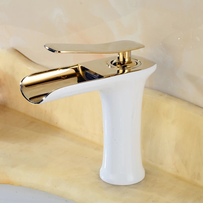 Waterfall Basin Faucet Single Handle Deck Mount ELM100 Basin Sink Faucet PLUSH White Gold