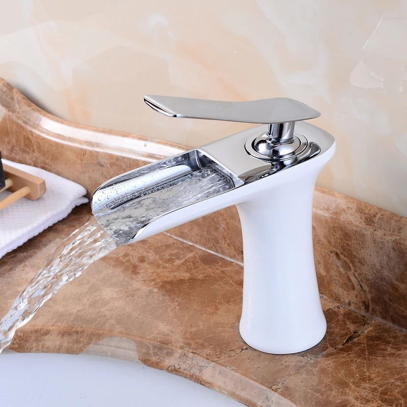 Waterfall Basin Faucet Single Handle Deck Mount ELM100 Basin Sink Faucet PLUSH White Chrome