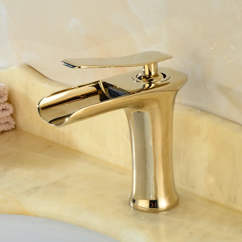 Waterfall Basin Faucet Single Handle Deck Mount ELM100 Basin Sink Faucet PLUSH Gold