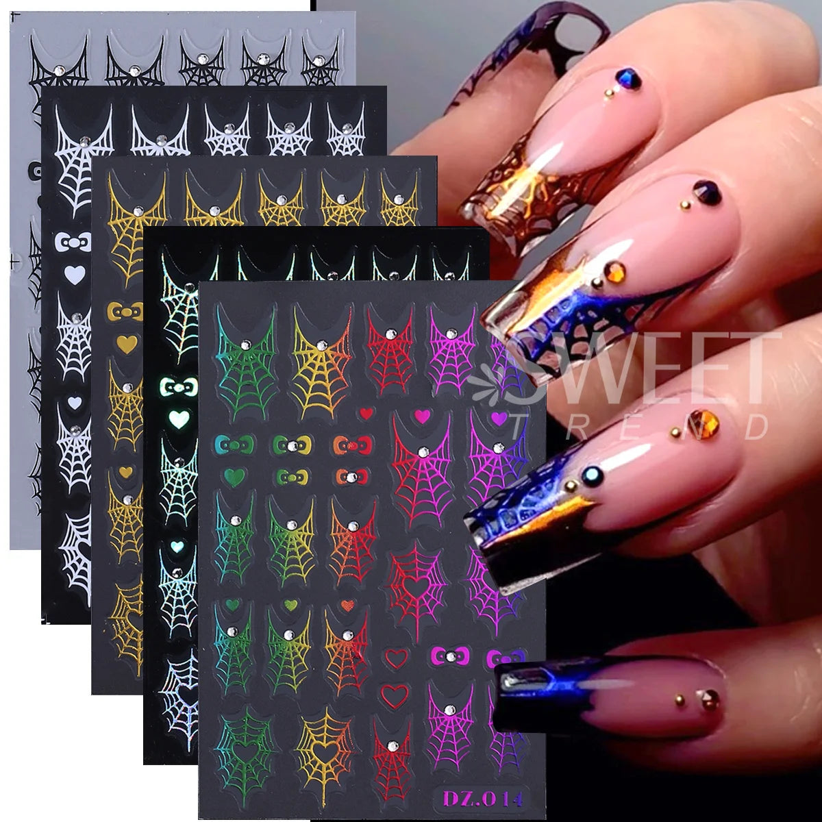 Halloween Spider Web Nail Decals – 5pcs Rhinestone Stickers Nail Art Stickers PLUSH