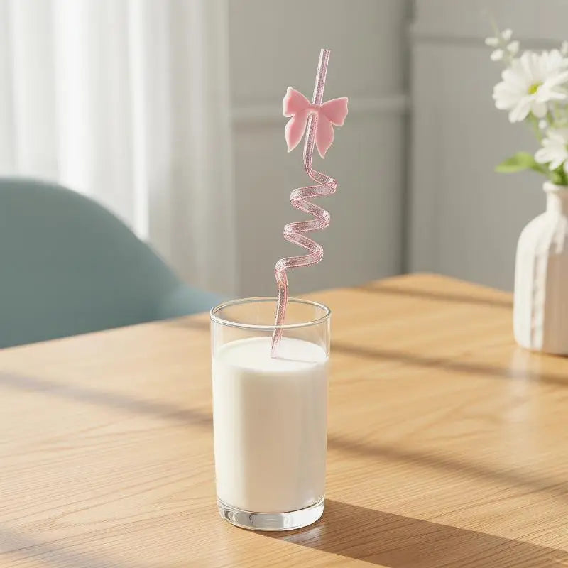Pink Bow Party Straws 4pcs – Eco-Safe PET | Baby Shower Party Drink Straws PLUSH