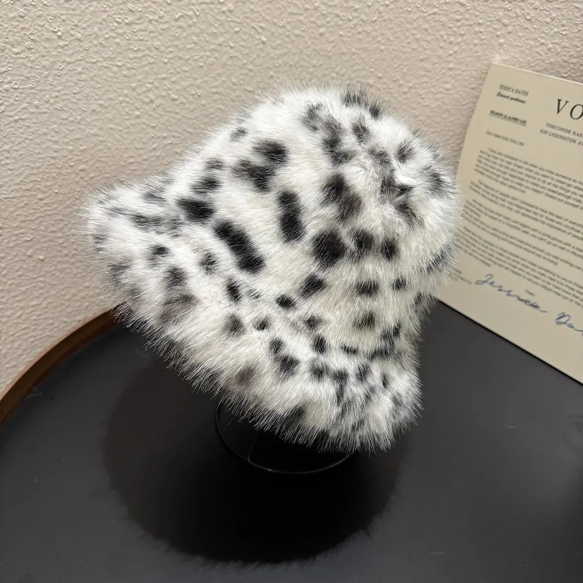 Women's Puffy Faux Fur Bucket Hat | Leopard Print Winter Hat Faux Fur Bucket Hat PLUSH Black-1PCS