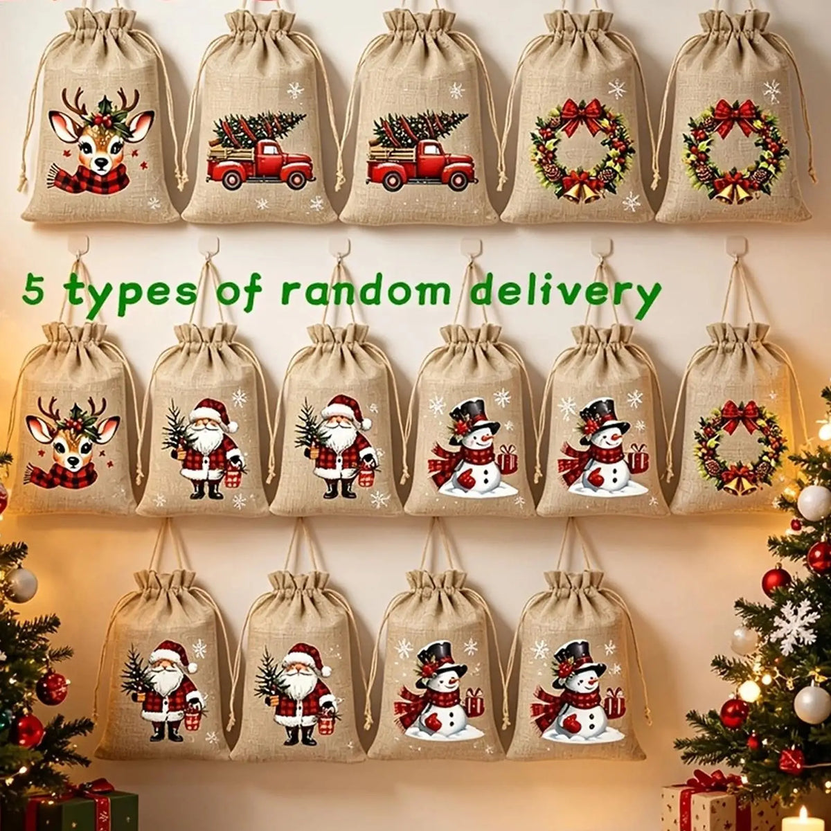 5pcs Christmas Burlap Drawstring Gift Bags | DIY Craft Pouches Drawstring Gift Bags PLUSH