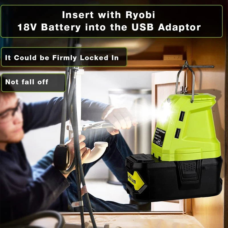 Ryobi 18V Battery Adapter – Dual USB + 9W LED Spotlight Battery Adapter PLUSH