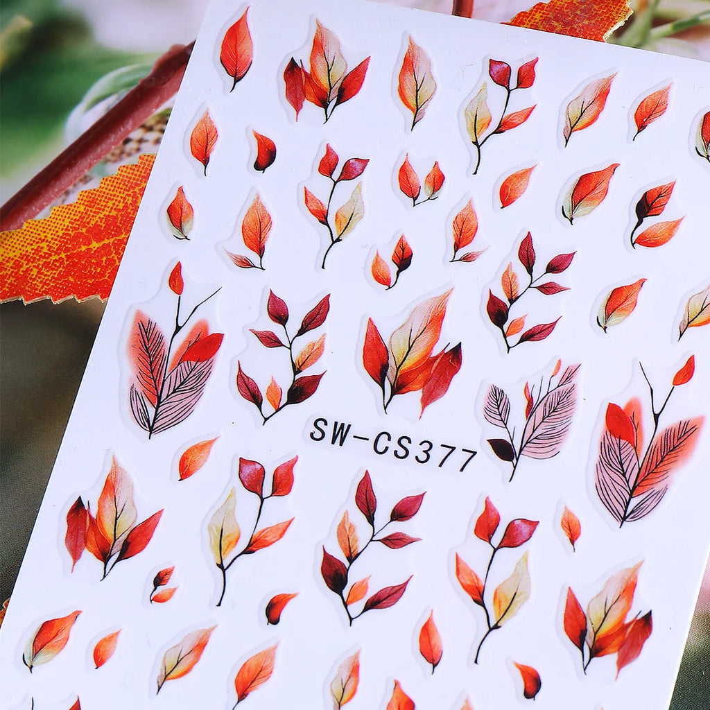 3D Autumn Leaf Nail Decals – 2 Sheets Watercolor Foliage Art Nail Art Decals PLUSH