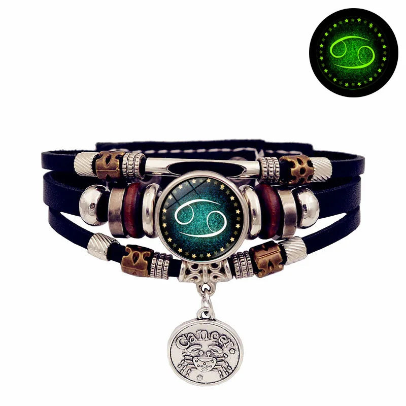 Zodiac Luminous Leather Bracelet – Multilayer Beaded Unisex Charm Bracelet PLUSH 11- Cancer