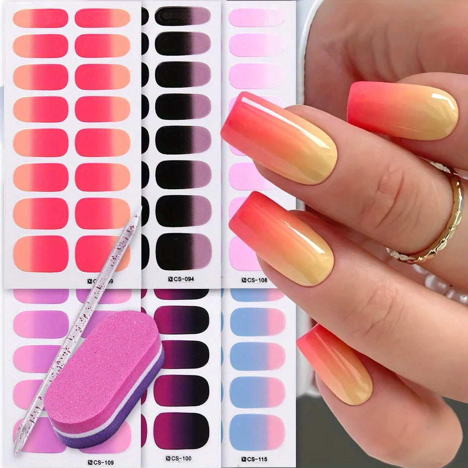 6pcs Ombre Gel Nail Stickers Pink Blue Gradient Full Cover Set Nail Art Stickers PLUSH