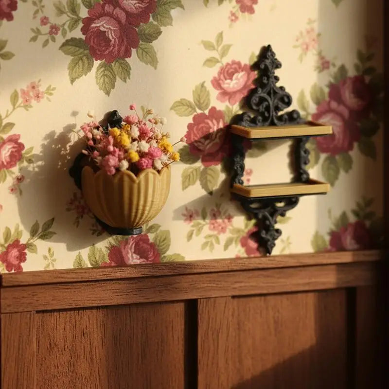1:12 Dollhouse Wall Shelf with Flower Basket | Miniature Decor Dollhouse Accessory PLUSH