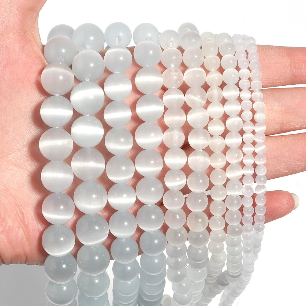 White Cat Eye Round Stone Beads 4–12mm | DIY Jewelry Making Stone Spacer Beads PLUSH