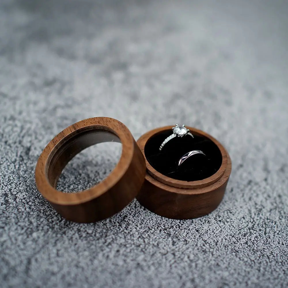 Round Walnut Wood Ring Box – Engagement & Jewelry Gift Case Jewelry Gift Box PLUSH