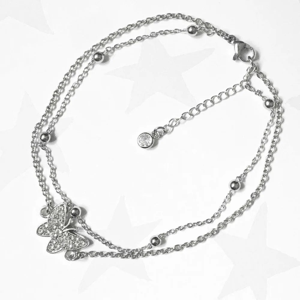 Vintage Heart Butterfly Layered Anklet – Adjustable Silver Bracelet Ankle Bracelet PLUSH
