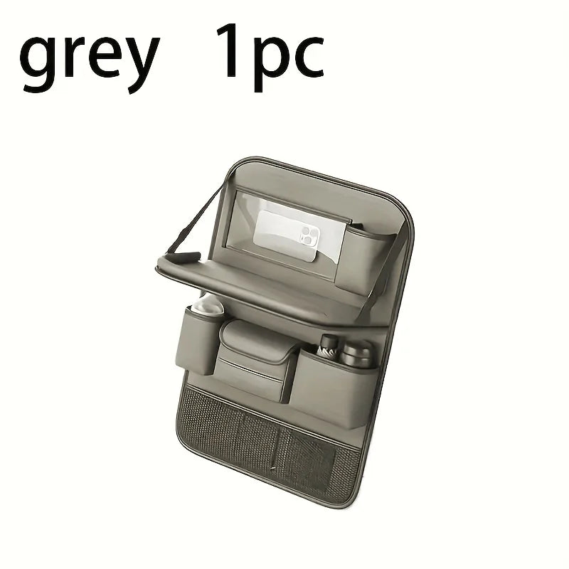 Faux Leather Car Seat Back Organizer | Multi Compartment Car Seat Organizer PLUSH Gray with table