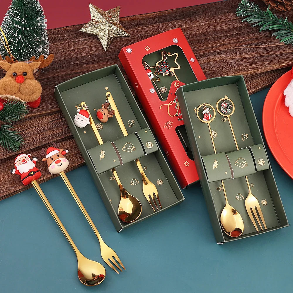 Santa Spoon & Fork Set – Christmas Holiday Dessert Tableware Holiday Flatware Set PLUSH
