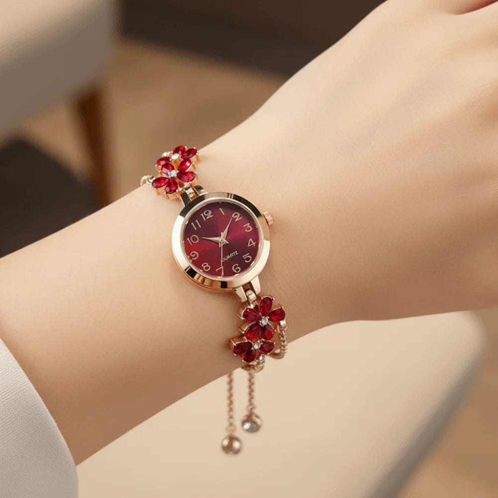 Women's Flower Quartz Bracelet Watch – Double Chain Oval Dial Women's Bracelet Watch PLUSH
