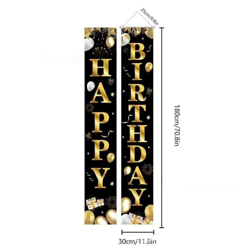 Birthday Door Banner Pair Black Gold – Indoor & Outdoor Decor Party Door Banner PLUSH Polyester Set 2