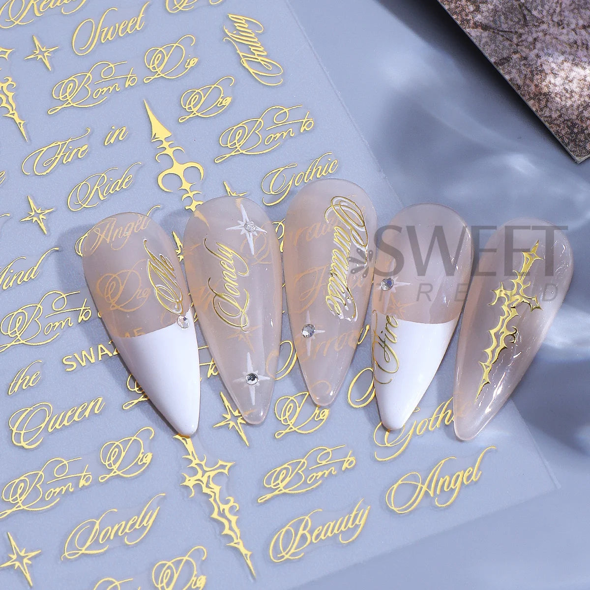 Gothic Nail Stickers Black Gold Y2K Angel Star – 4 Sheets Nail Art Stickers PLUSH