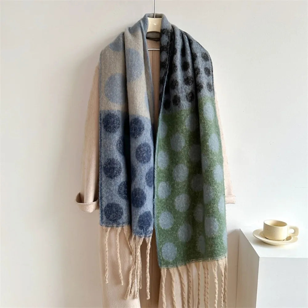 Vintage Polka Dot Faux Cashmere Scarf – Tassel Wrap Shawl Scarf & Wrap Shawl PLUSH Blue-Green