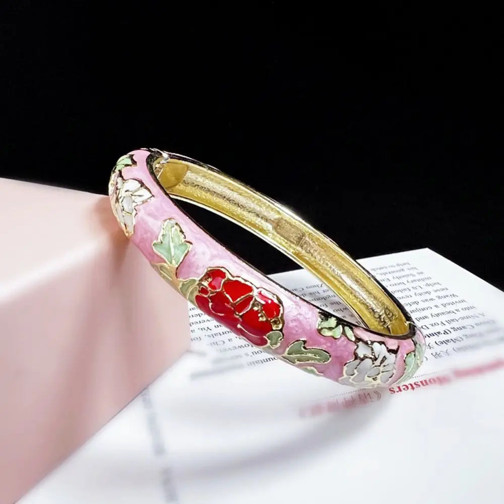 Chinese Cloisonné Enamel Peony Double Bangle Bracelet for Women Enamel Bangle Bracelet PLUSH pink