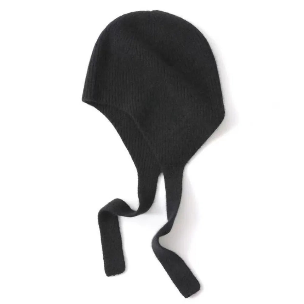 Women's Knit Earflap Beanie with Ribbon Tie – Korean Style Knit Earflap Beanie PLUSH Black
