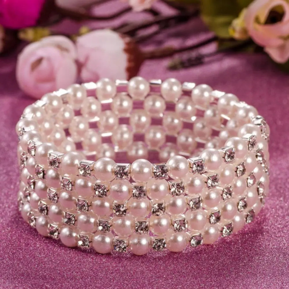 Multilayer Pearl Rhinestone Beaded Bangle Bracelet for Women Beaded Bangle Bracelet PLUSH B
