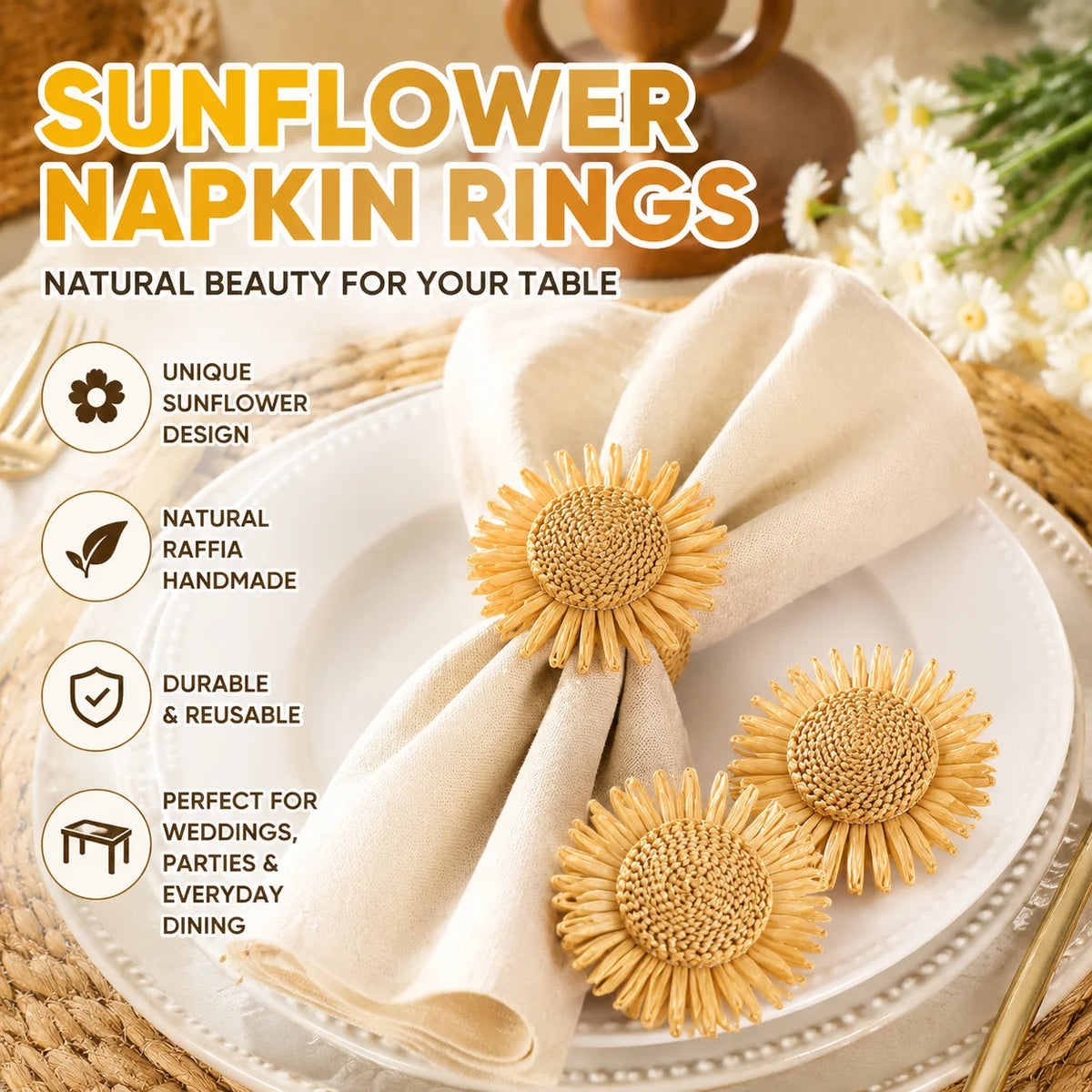 Raffia Sunflower Napkin Rings – Party & Banquet Table Decor Napkin Rings PLUSH