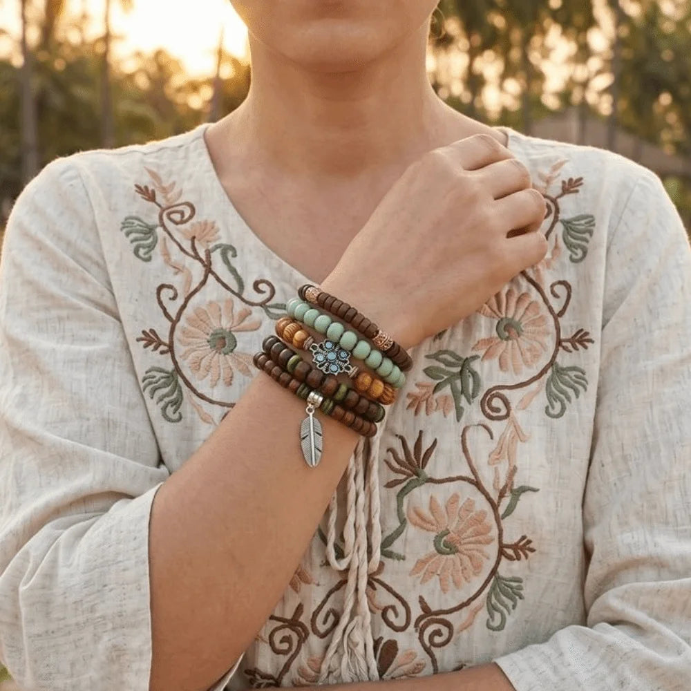 Boho Wooden Bead Bracelet Set – Handmade Stretch Multi-Layer Beaded Bracelet Set PLUSH