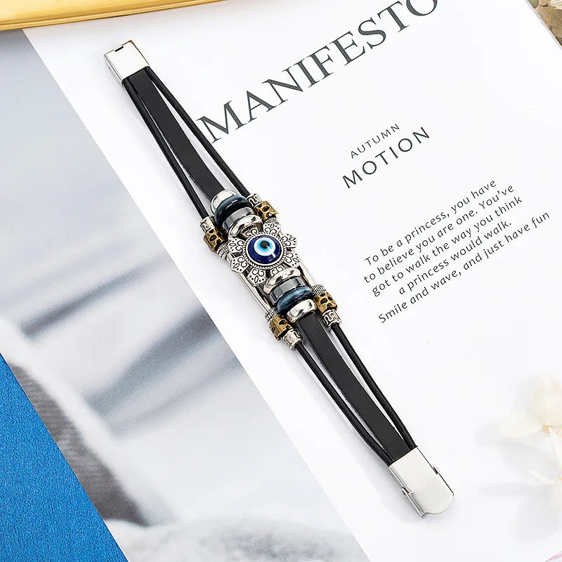 Evil Eye Turkish Multilayer Black Leather Bracelet for Men Leather Charm Bracelet PLUSH