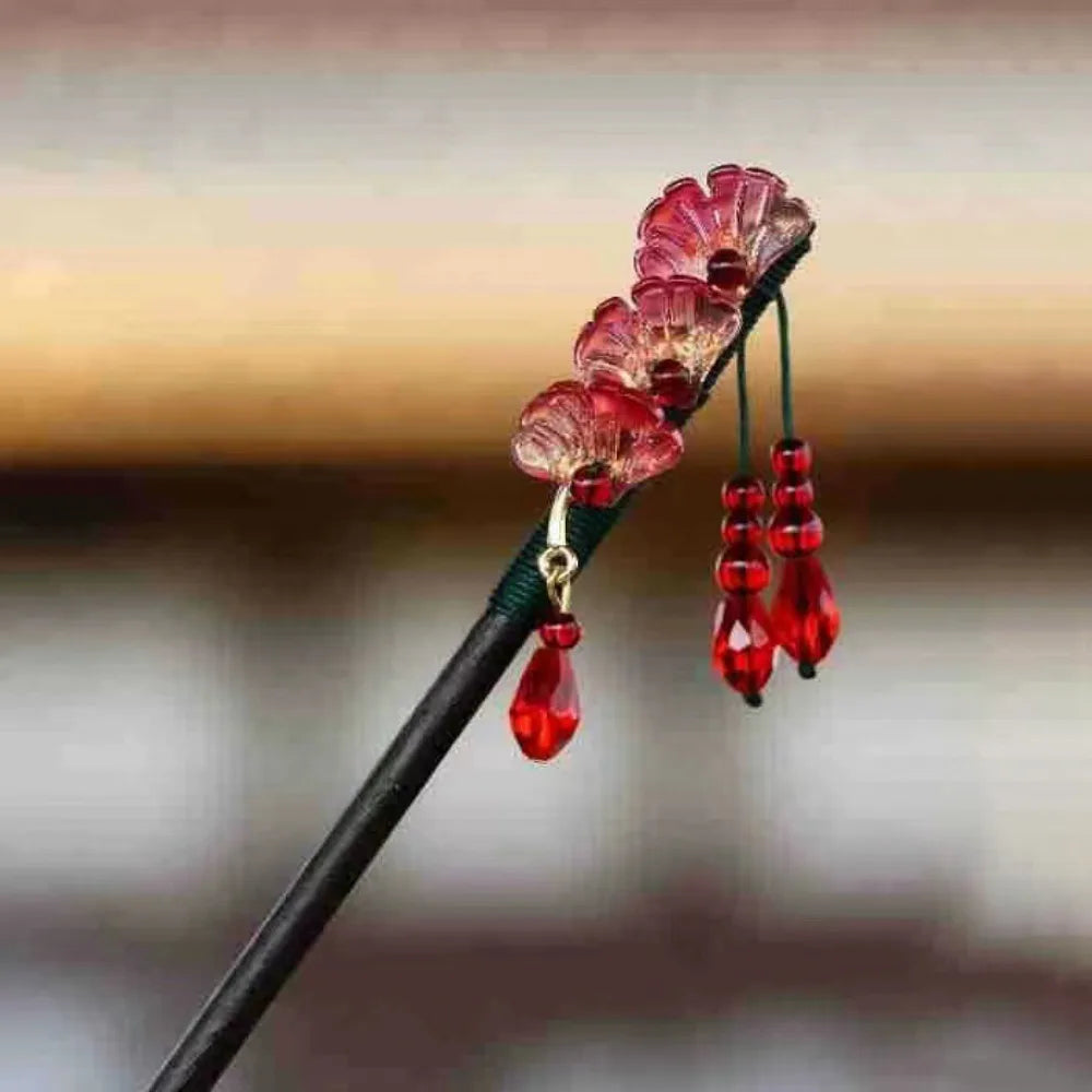 Wooden Chinese Hair Stick Vintage Flower Tassel Hairpin Fork Hair Stick Hairpin PLUSH Style 3