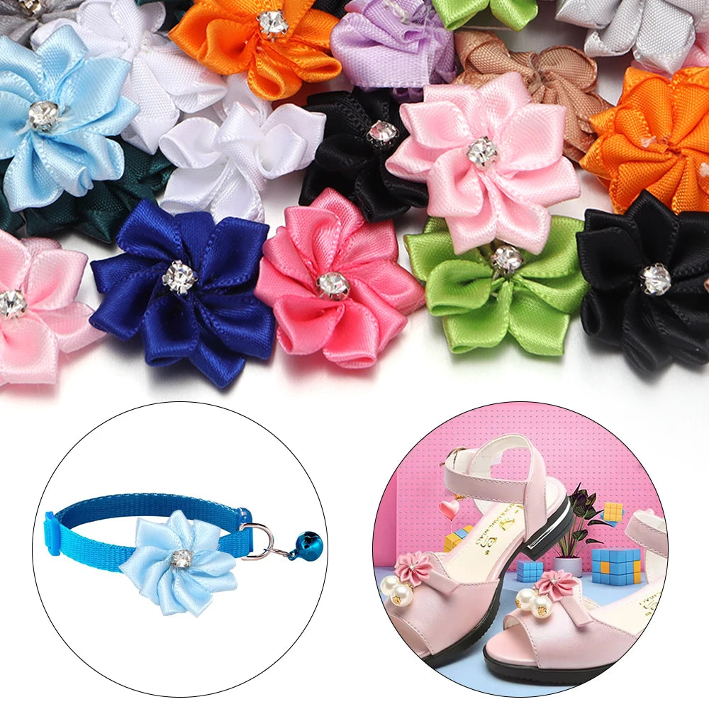 10pcs 3cm Satin Ribbon Flowers Rhinestone 9-Petal DIY Craft Fabric Flower Appliqué PLUSH