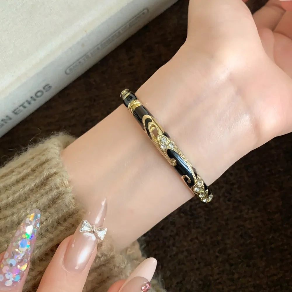 Vintage Cloisonné Enamel Flower Cuff Bangle | Rhinestone Women's Enamel Cuff Bangle PLUSH