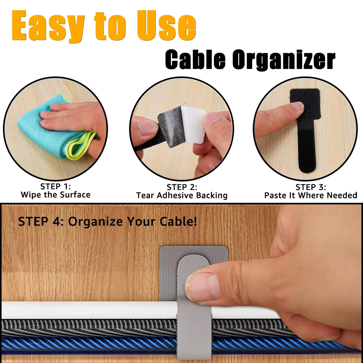 Reusable Hook & Loop Cable Ties | Self-Adhesive Wire Organizer Cable Ties Organizer PLUSH