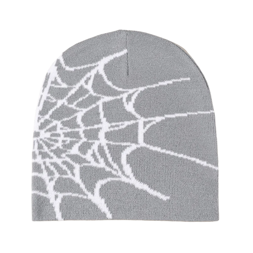 Y2K Spider Web Knit Beanie Hat – Cuffed Stretch, Multi Colors Knit Beanie Hat PLUSH Grey