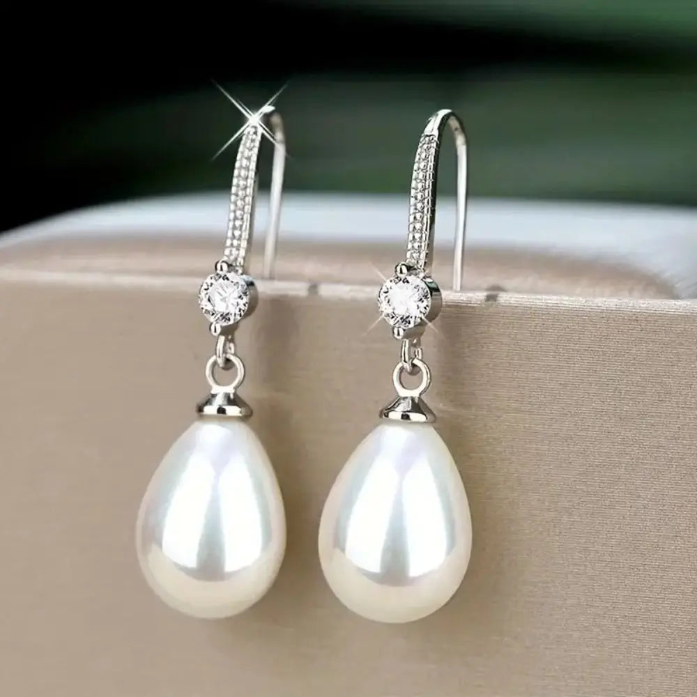 Water Drop Pearl Drop Earrings with Rhinestone Ear Hook Drop Earrings PLUSH