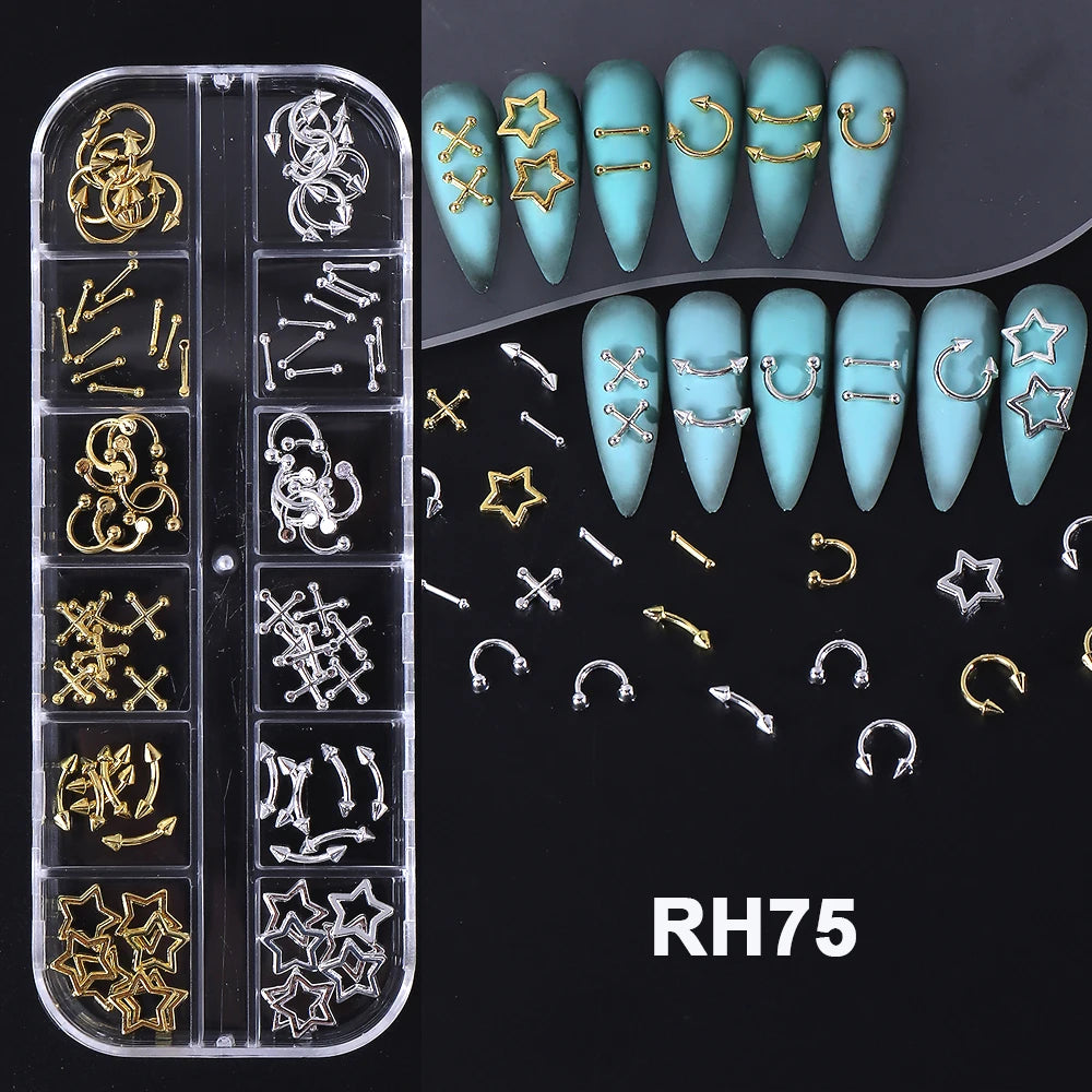 12-Grid Gothic Punk Nail Art Decor – Rhinestone & Rivets Set Nail Art Decoration PLUSH RH75
