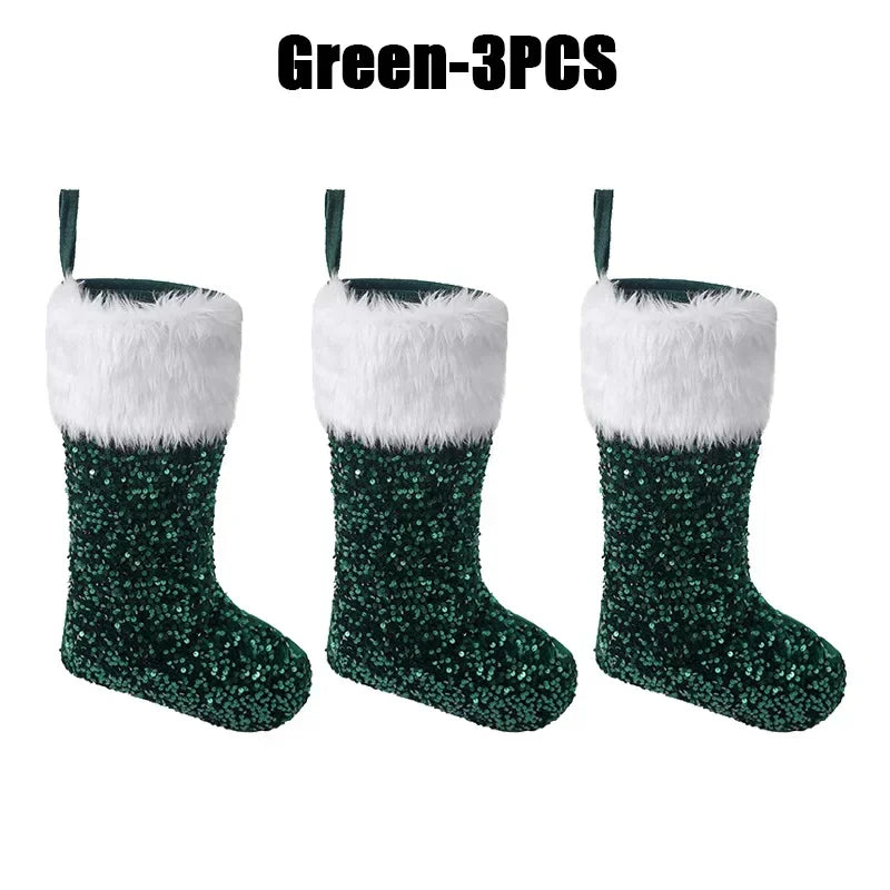 Large Flip Sequin Christmas Stockings – Fireplace Holiday Decor Christmas Stocking PLUSH 27x42cm Green-3PCS