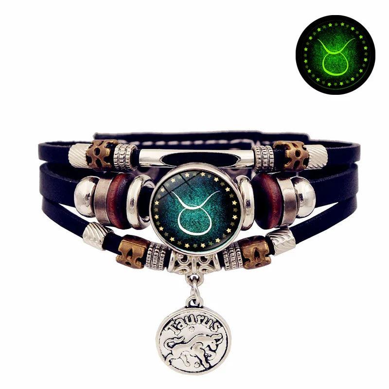 Zodiac Luminous Leather Bracelet – Multilayer Beaded Unisex Charm Bracelet PLUSH 1- Taurus