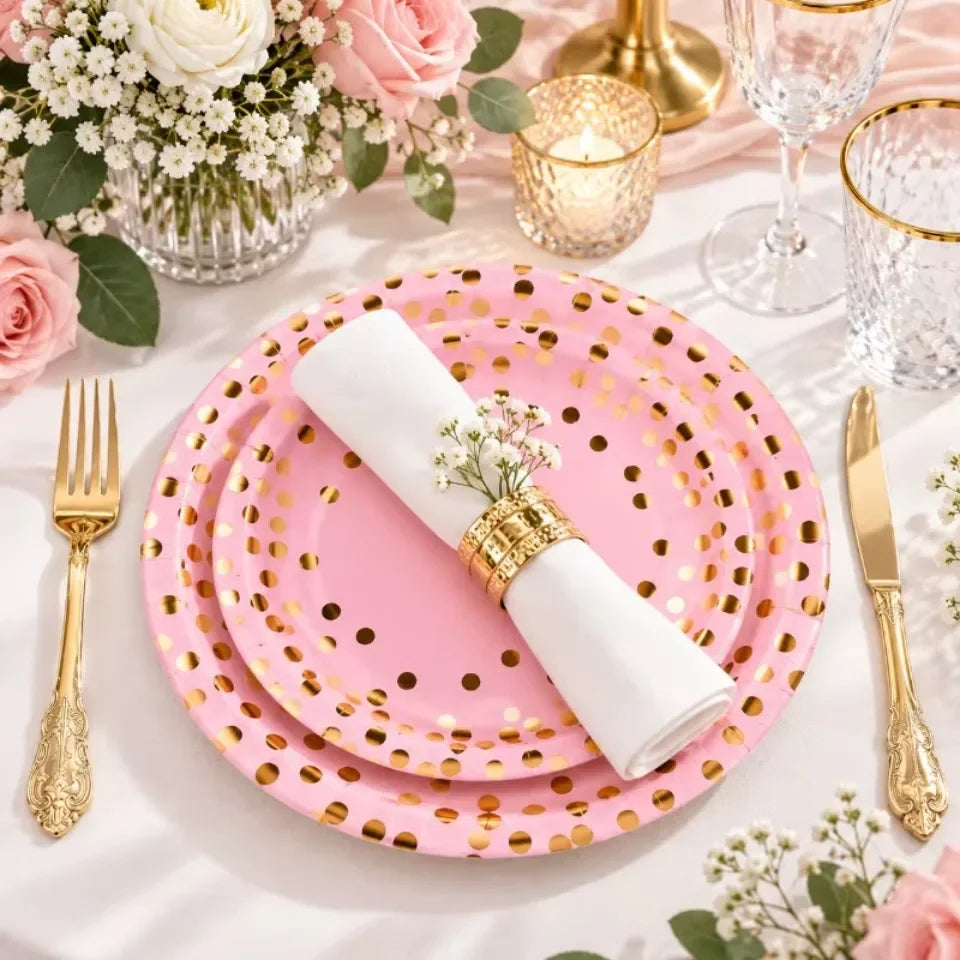 Pink Gold Foil Dot Disposable Paper Plates 7/9 Inch Party Disposable Party Plates PLUSH