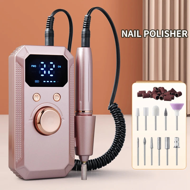 Rechargeable Electric Nail Polisher Kit – 11 Heads & 20 Straps Electric Nail Polisher PLUSH Pink USB Type-C