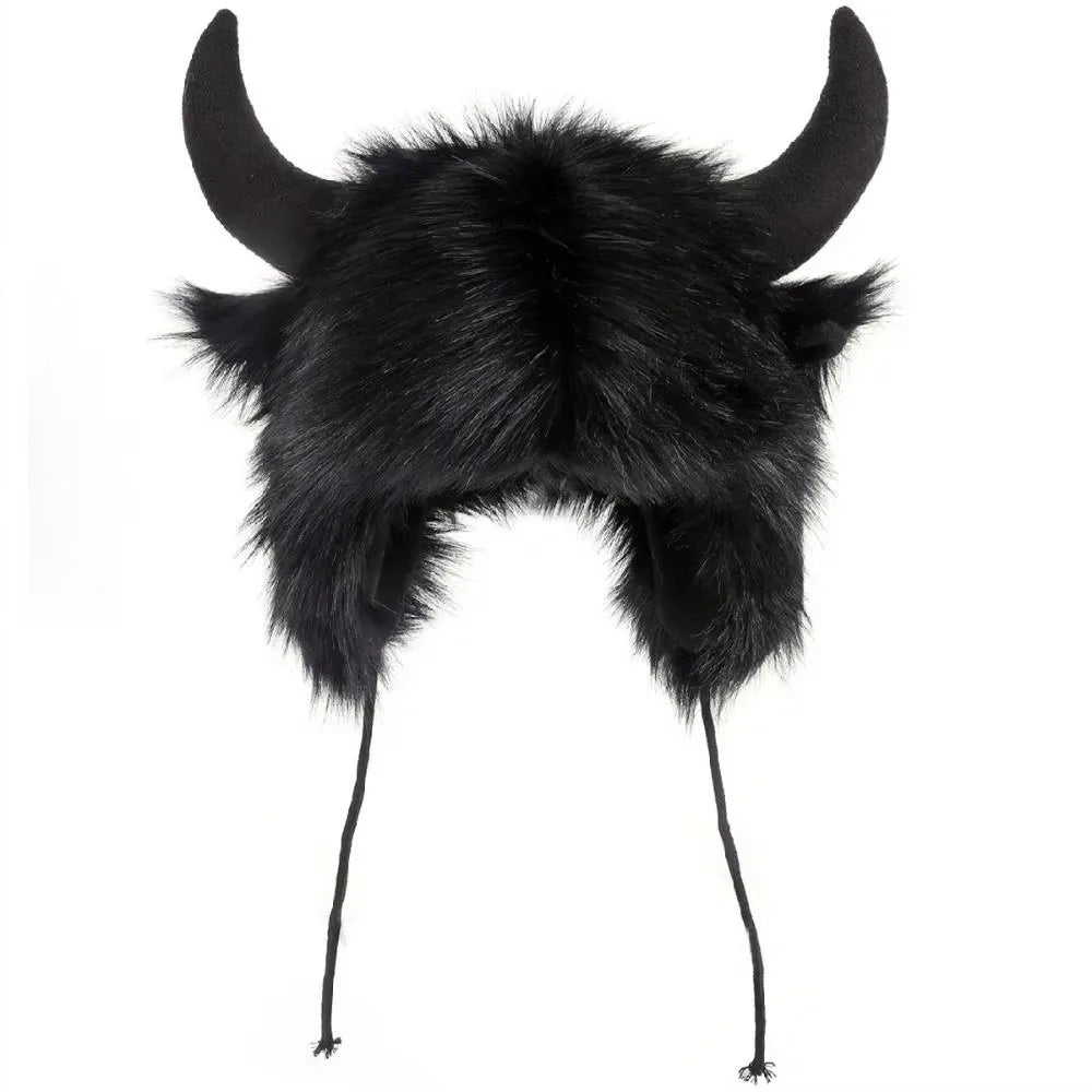 Vintage Ox Horn Lei Feng Cap – Fluffy Fur Trim Thermal Hat Winter Ear Flap Hat PLUSH Black