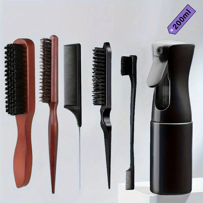 Bristle Hair Brush Set Wooden Handle Teasing Comb & Spray Bottle Hair Brush Set PLUSH 6pcs set