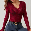 Women's V-Neck Sheer Lace Long Sleeve Slim Crop Top Blouse Lace Crop Blouse PLUSH Red XL