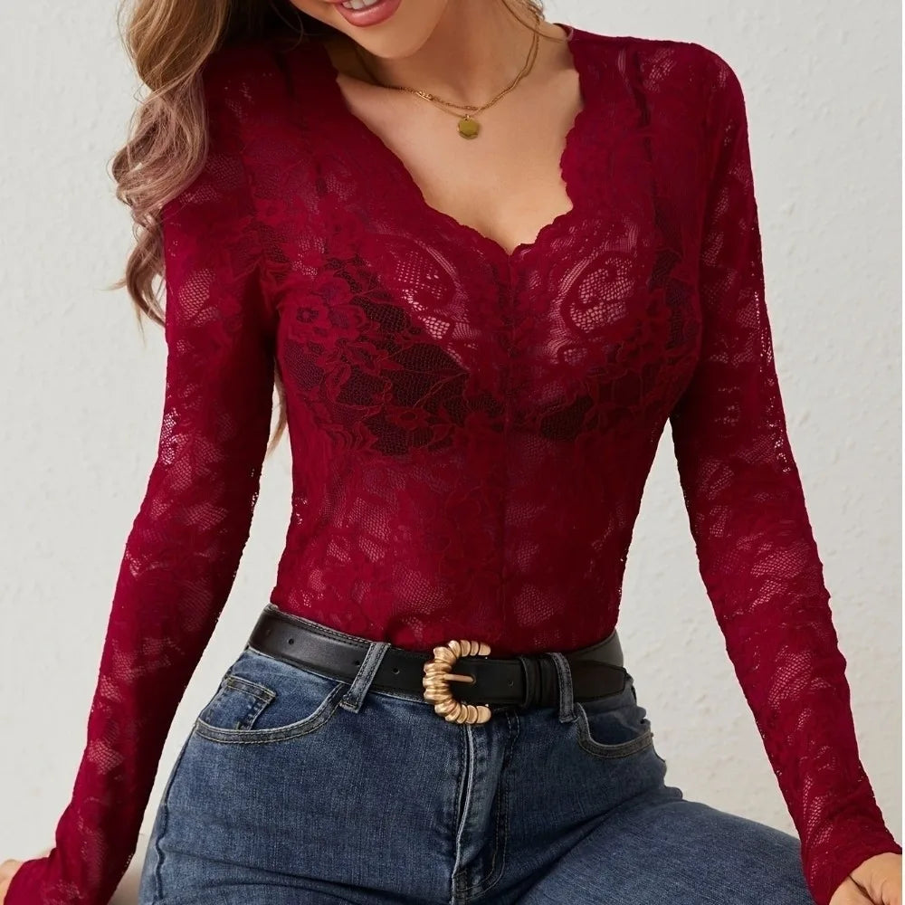 Women's V-Neck Sheer Lace Long Sleeve Slim Crop Top Blouse Lace Crop Blouse PLUSH Red XL
