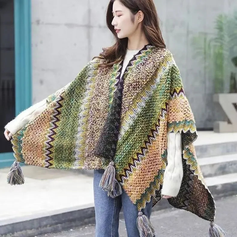 Women's Colorful Knit Poncho Cape Tassel Ethnic Shawl Cardigan Knit Poncho Cape PLUSH Cardigan Green One Size