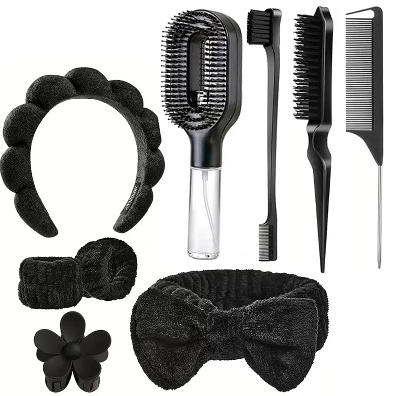 9-Piece Spray Comb Hair Styling Kit – Combs, Clips & Bands Hair Styling Kit PLUSH black-9pcs