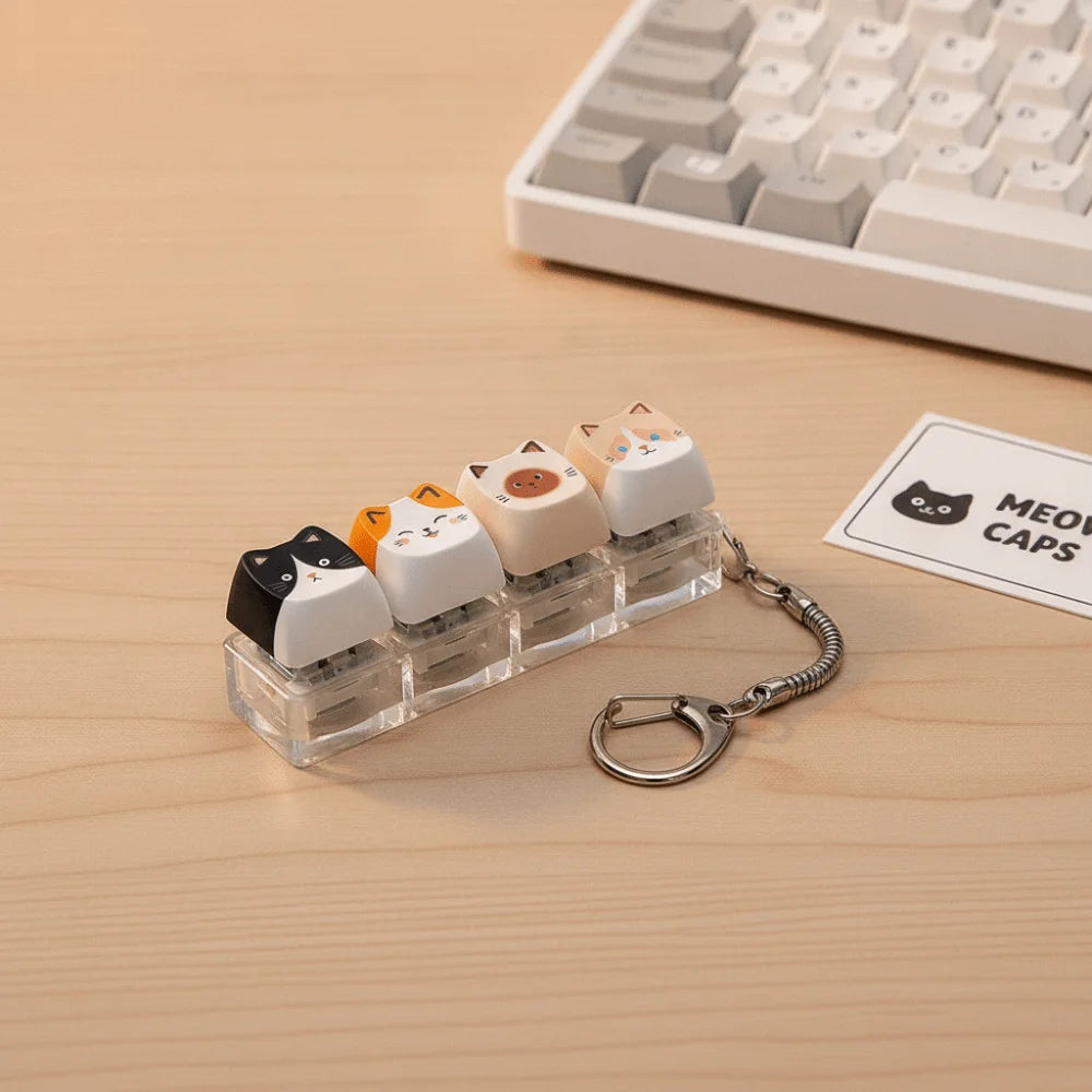 Kawaii Cat Keyboard Fidget Keychain – 4 Clickable Keycaps Novelty Keychain PLUSH